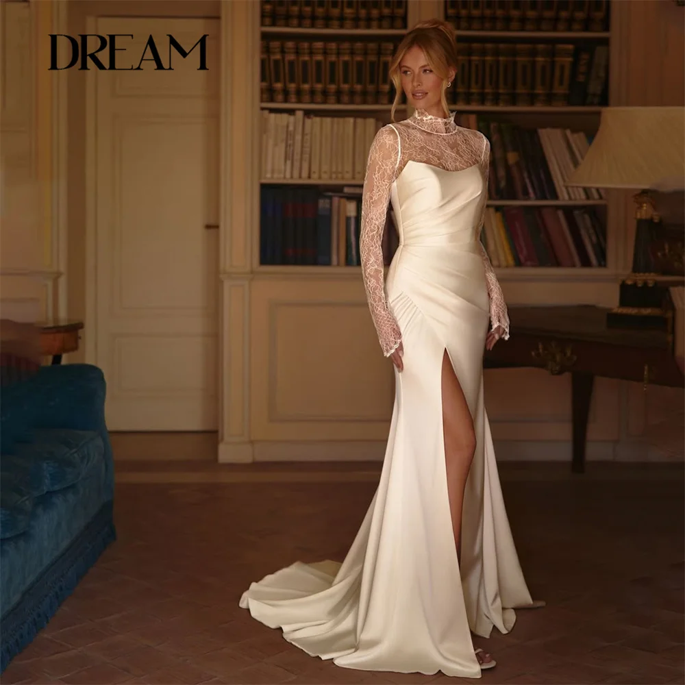 

DREAM Long Sleeve Lace Wedding Dress 2025 Pleat Side Split High Collar Illusion Back Bridal Gown Vestidos De Novia Customized
