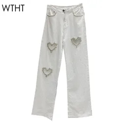 WTHT Fashion New Women's Diamonds Heart Hollow Out Straight Jeans 2024 Winter High Waist Solid Color Denim Pants Female 1LS610