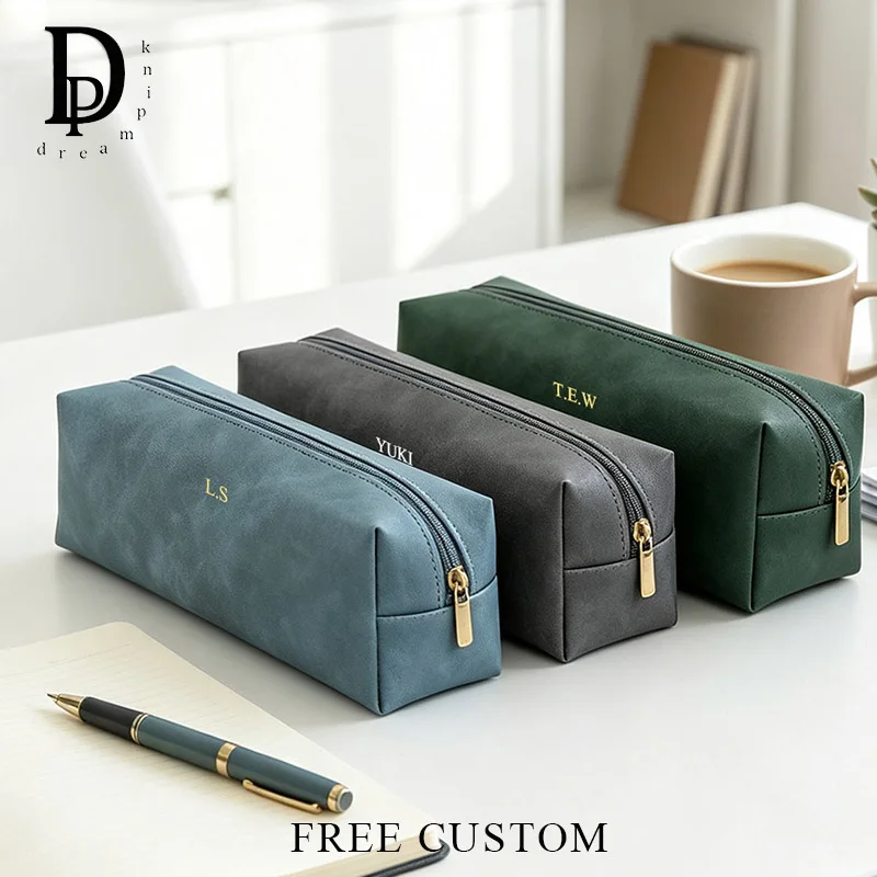 Vintage PU Leather Custom Initials Pen Pouch Zip Luxury Simple Student Cosmetic Bag Engraving Pen Bag Storage Bag Wholesale GIft