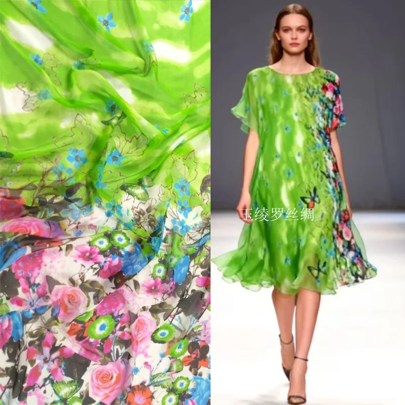 

Tela New French Lace Silk Fabric For Sewing Woven Material Curtains Tulle Blouse Dress Green Flowers Silk Chiffon Fabric Textile