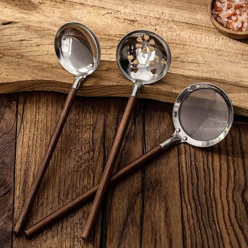Walnut Handle Kitchen Tool 304 Stainless Steel Spatula Spoon Oil Filter Colander Kit Gadgets Anti-Scalding Cookware For Service.