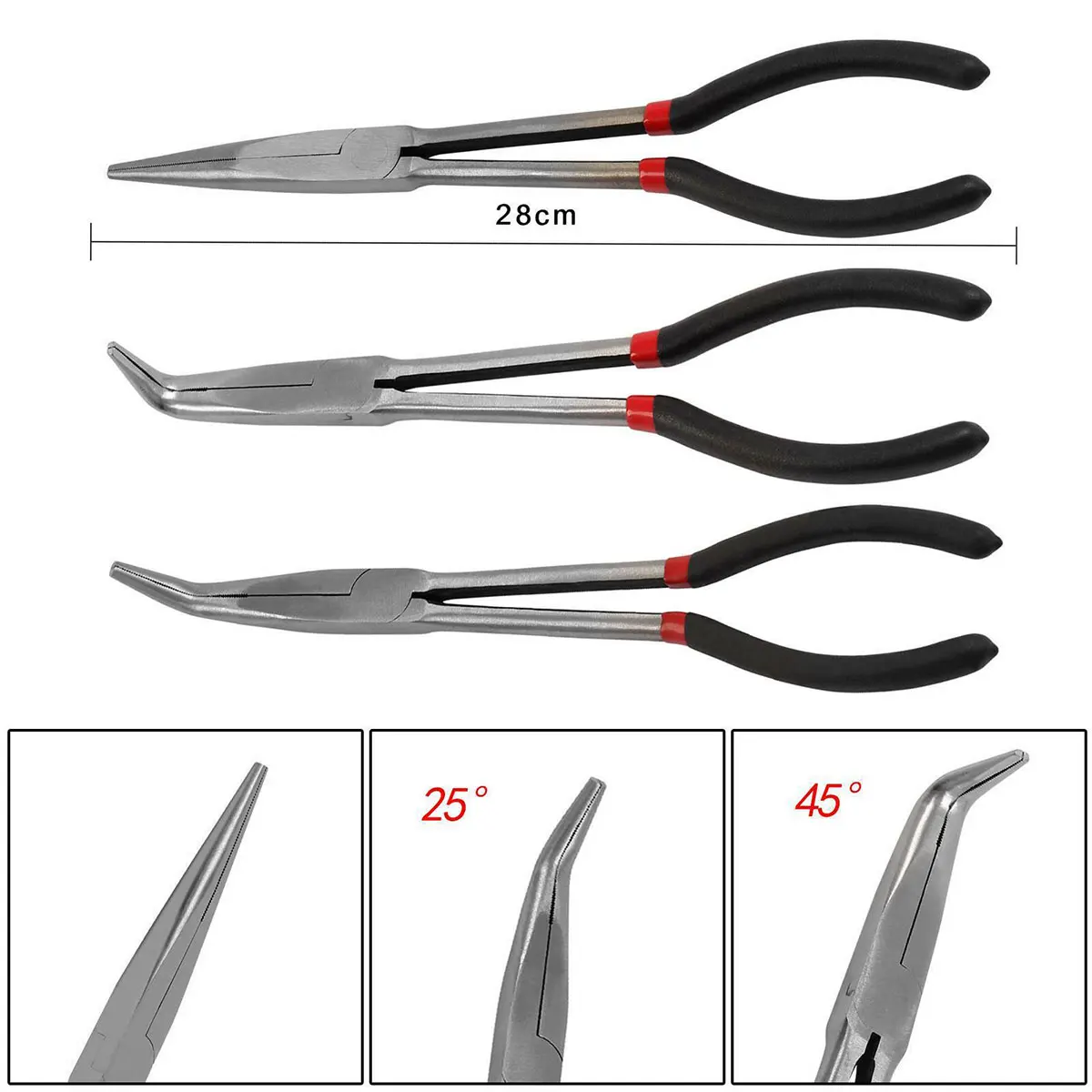 3/5Pcs Needle Nose Pliers Set 11 Inch Carbon Steel Long Reach Pliers 25/45/90 Degree Bent Nose Pliers O-Shaped Circle Pliers