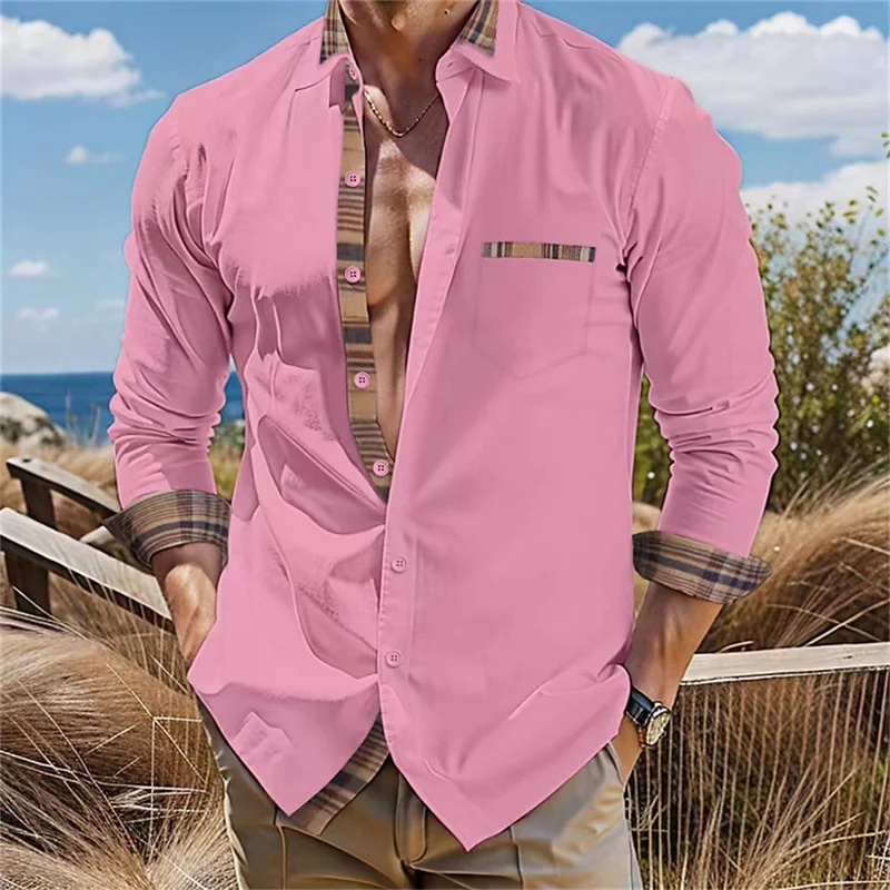 2024 Business Casual Men's Button Down Shirt New Solid Color Long Sleeve Lapel Daily Vacation Pocket Comfort Tops Plus Size