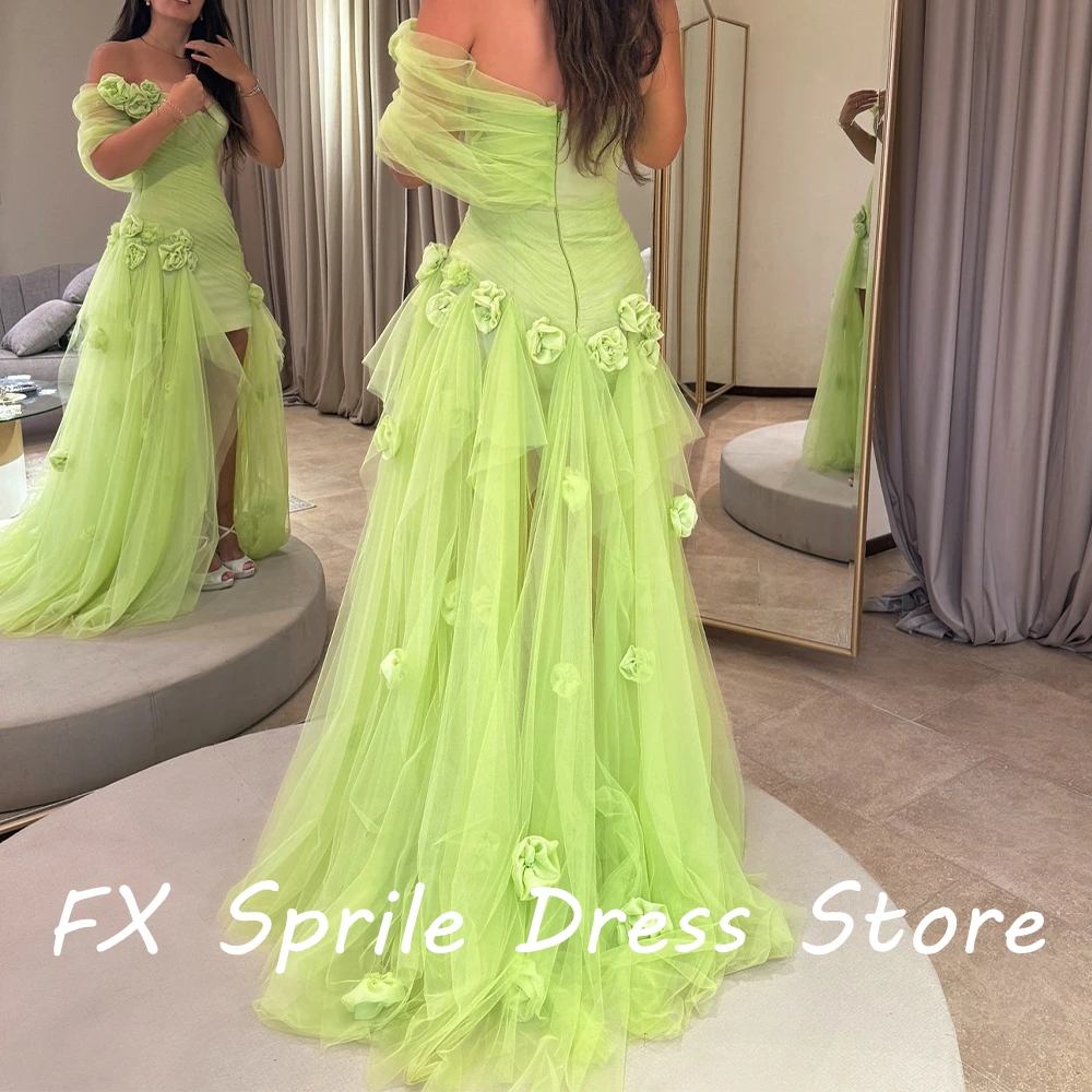 Strapless Off the Shoulder Tulle Floor Length Straight Flowers Zipper Back Sweep Train Exquisite Evening Dress Custom Size 2024