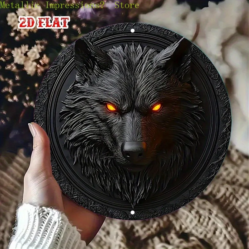 2D Flat, ein Metall-Blechschild mit Wolf – feurige Augen, rustikale Aluminium-Wandkunst, rund, ungerahmt, geeignet für Zuhause, Garage, Esszimmer