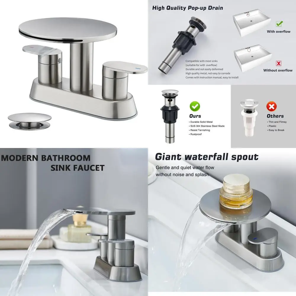 

3-Hole Brushed Nickel Bathroom Sink Faucet with Round Shelf and Metal Drain