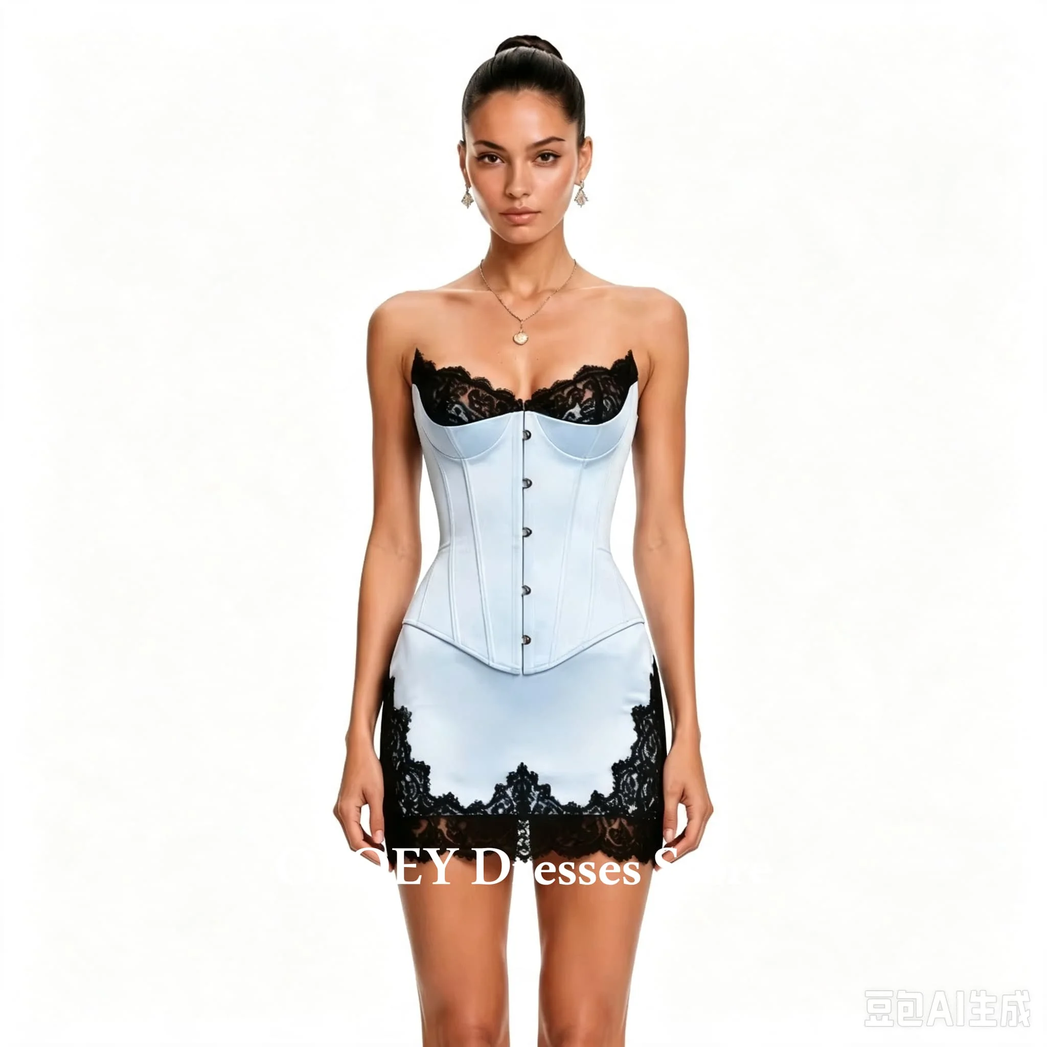 OLOEY Sky Blue Corset Mini Homecoming Dresses 2pcs Lace Short Women's Formal Evening Gowns Satin Ruched Party Dress 2027