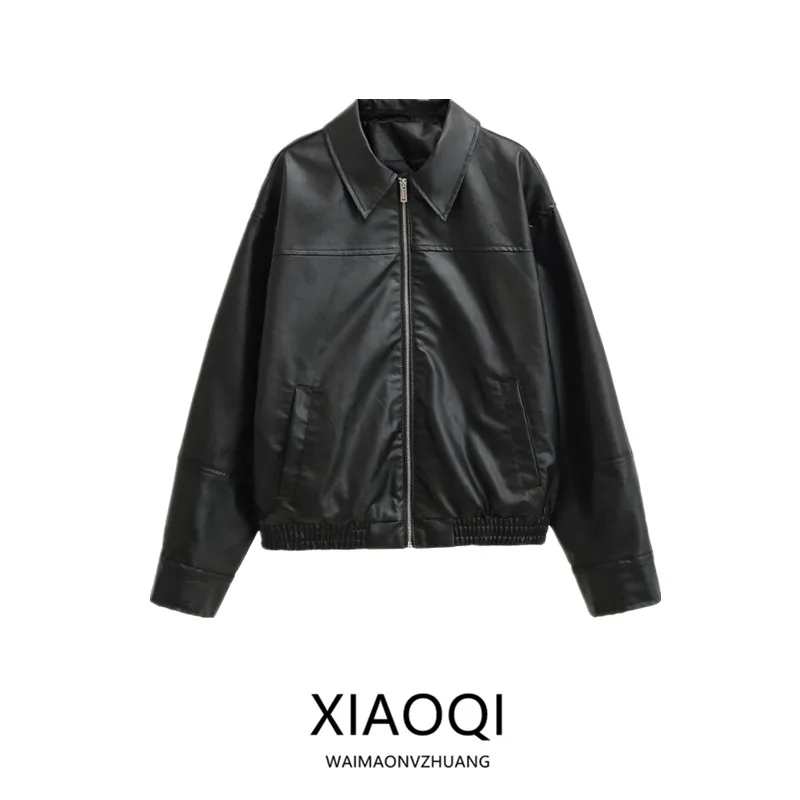 New 2025 Autumn Women's Fashionable Leather Pilot Jacket Collar Outerwear Versatile Long Sleeve Zipper Closure  Color