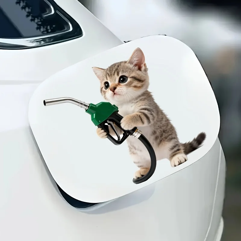 1Pc Cute Kitten Holding Fuel Nozzle Vinyl Sticker, Lovely  for Car Fuel Cap Window Motorcycle Laptop Water Bottle Helmet Luggage