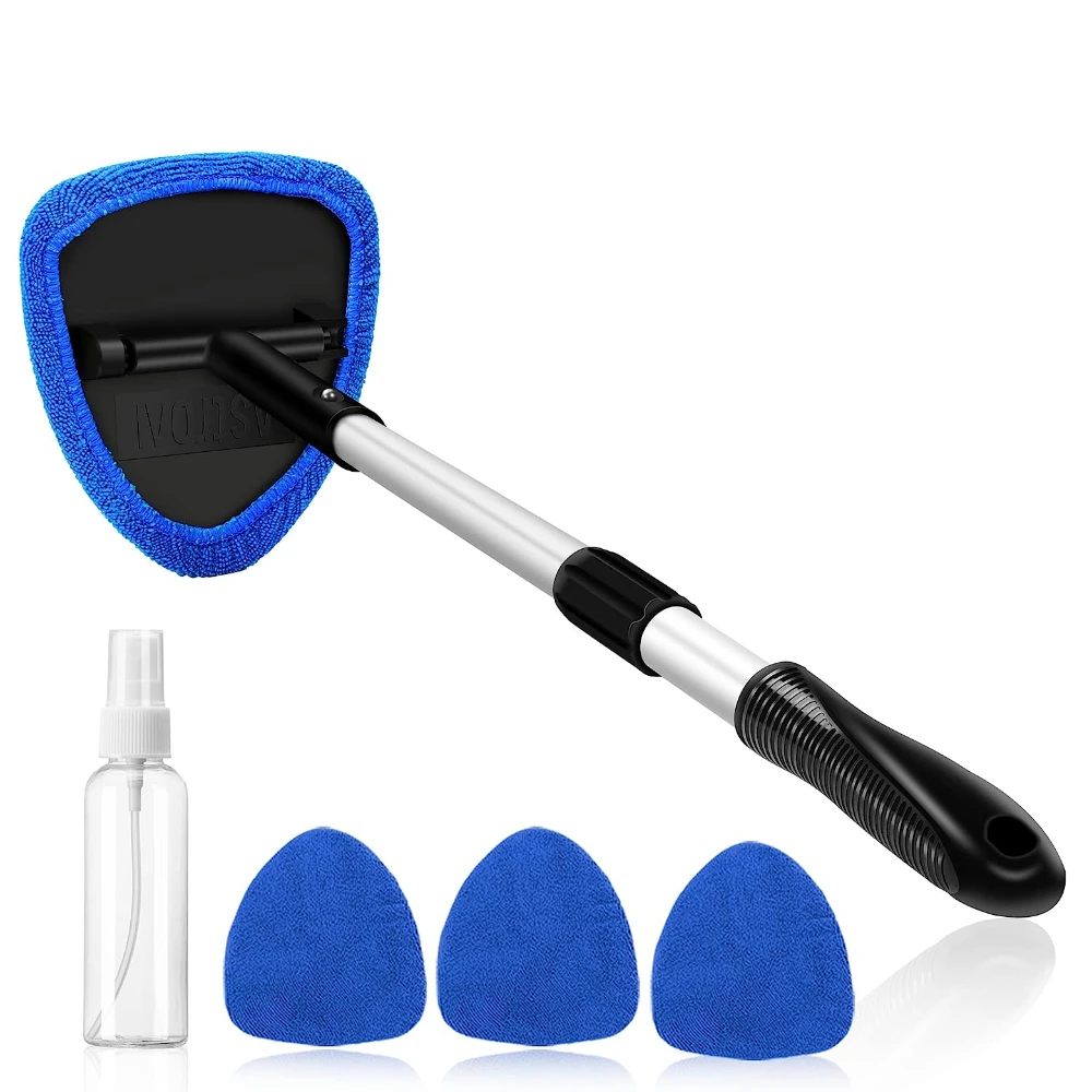 Windshield Cleaner Microfiber Car Windshield Cleaning Tool with 4 Reusable and Washable Microfiber Pads and Extendable Handle