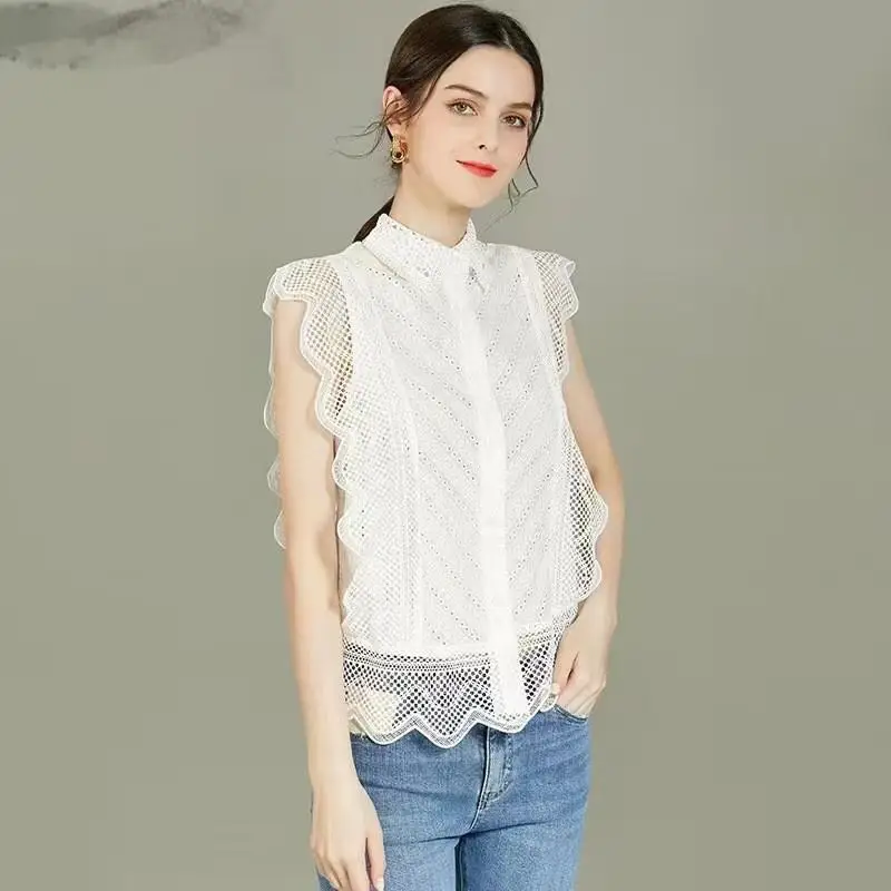

Lotus Le ort Sved irt Women's Lace Square Collar Svel Pure Color Polyester Fiber Summer Faion Ladies' Top