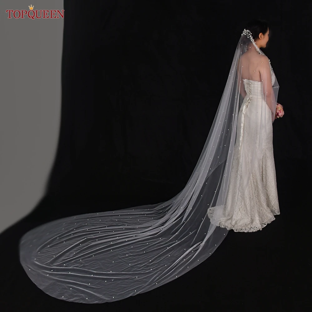 TOPQUEEN Pretty Bridal Wedding Veil Sheer Tulle Pearl Headband 3M Long Cathedral Veil Wedding Accessories V207