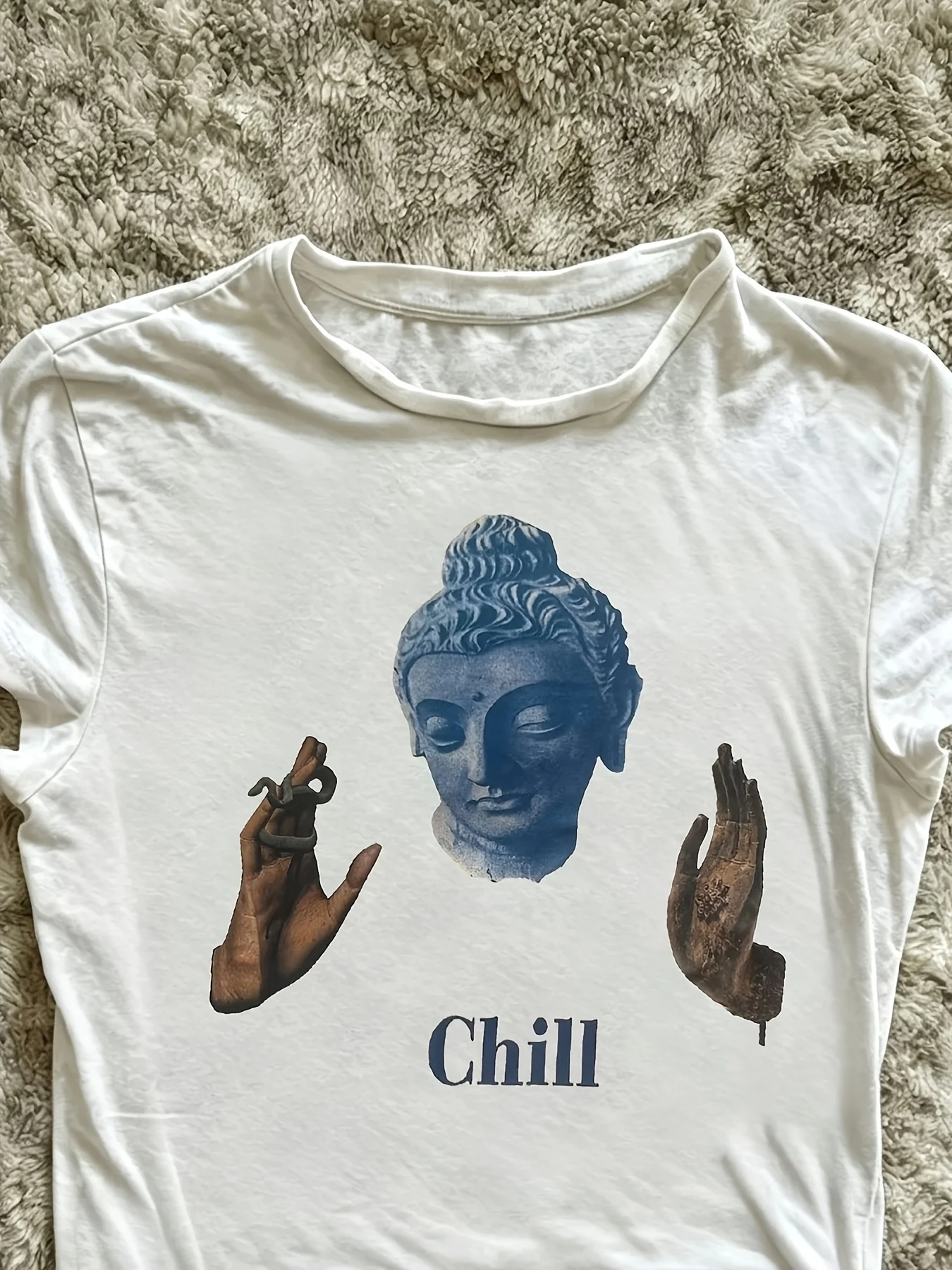 Ladies' Buddha Statue Chill Printed T-shirt Short Sleeve Round Neck Casual Top Design Casual Top Versatile for All Seasons