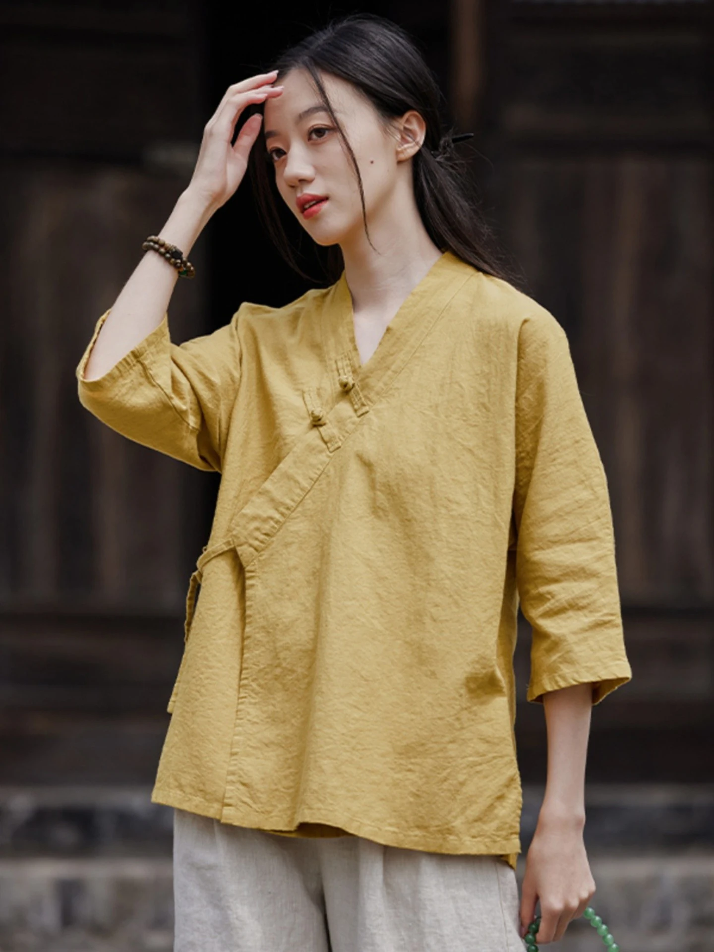 New Chinese Style Women's Summer Thin Cotton Linen Short Coat with Belt Traditional Hanfu Tea Clothing V-Neck Five Sleeve Length