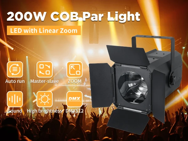 U'King 200W COB Par Light With Barn Doors DMX512 LED Focusing Face Light Stage Light Linear Zoom for DJ Concert Party Wedding