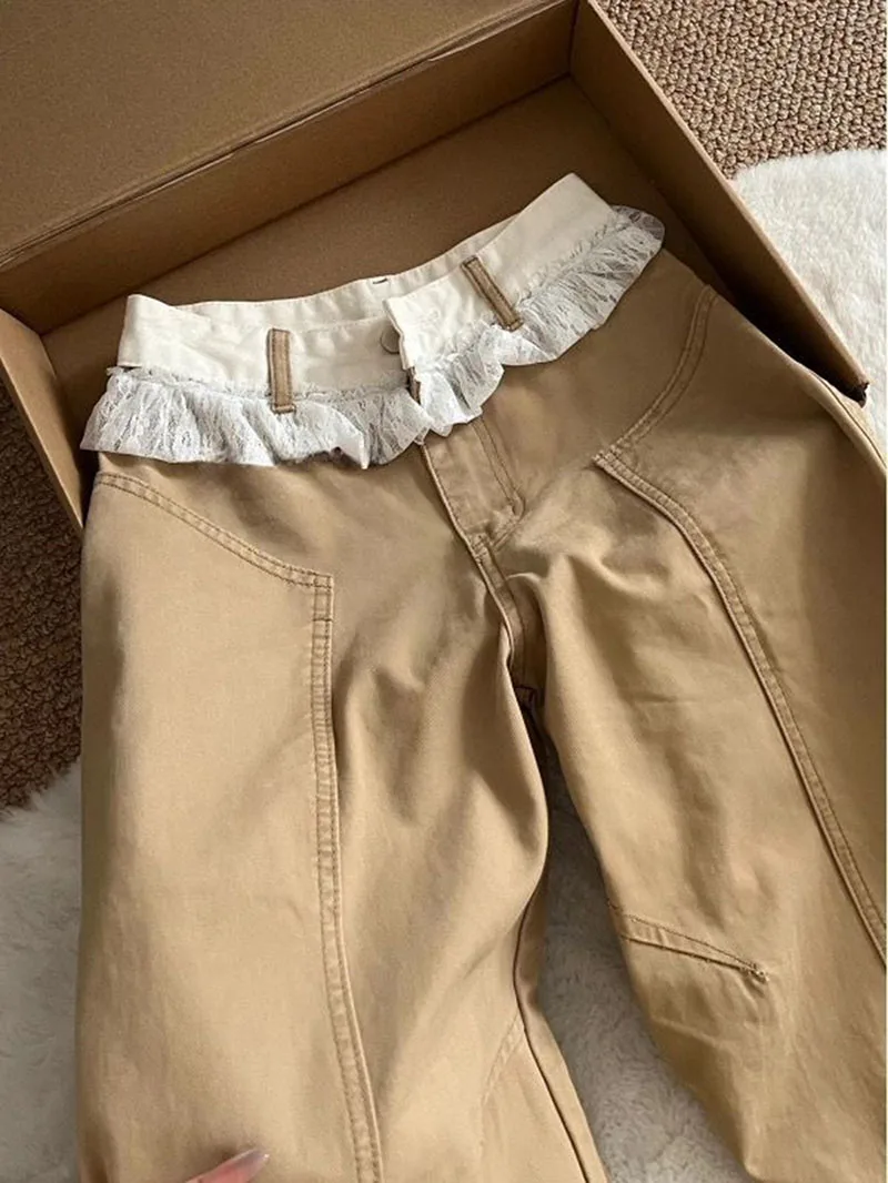 GG Khaki Lace patchwork Jeans For Women's Autumn Winter Loose Wide Leg Pants Versatile Casual Denim Pants Korean Version Trouser