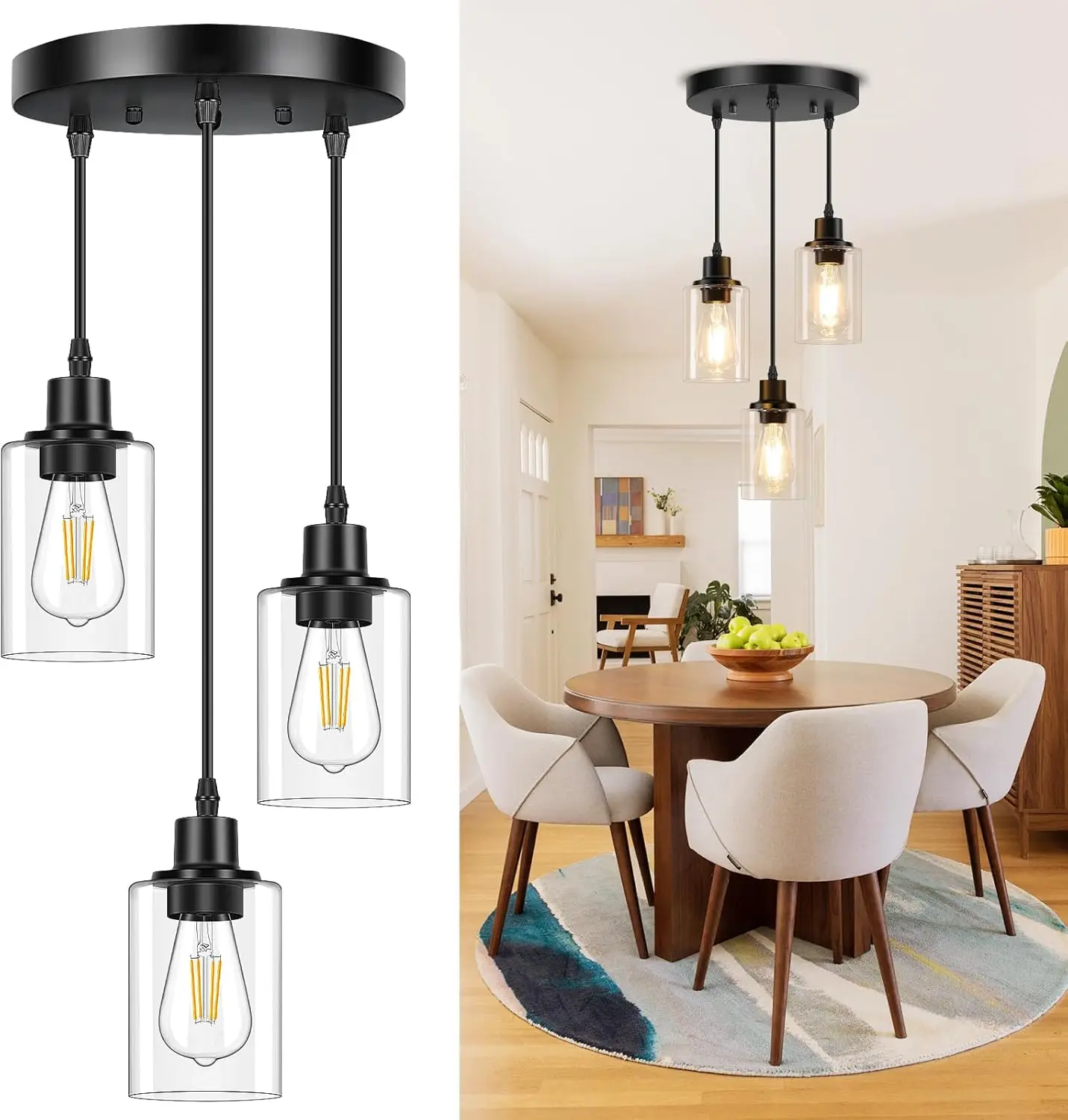 

3-Light Black Pendant Light, Adjustable Hanging Fixture with Clear Glass, Modern Kitchen Island Lighting, E26 Base, Easy Install