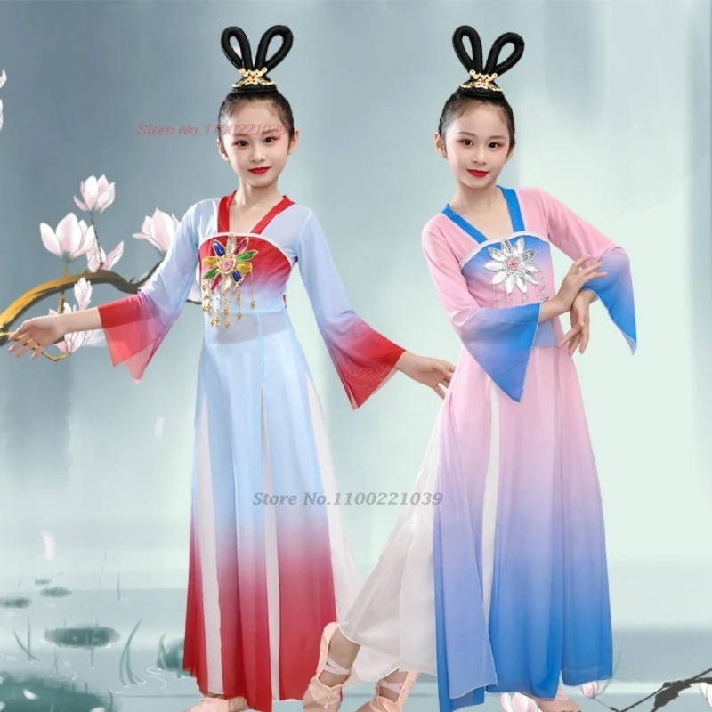 

2024 chinese children vintage dance dress national gradient color chiffon hanfu tops+pants festival folk dress stage performance