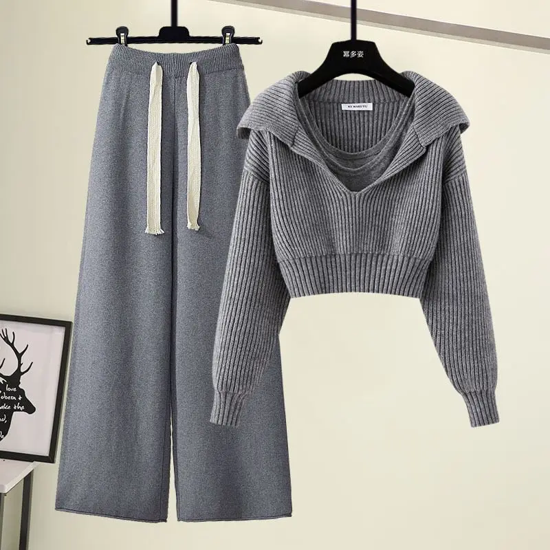 Women Winter Autumn Y2K Suit Vest Sweater Crop Tops And Wide Leg Pant Three Piece Set Outfit Knitted Outwear Korean Clothing