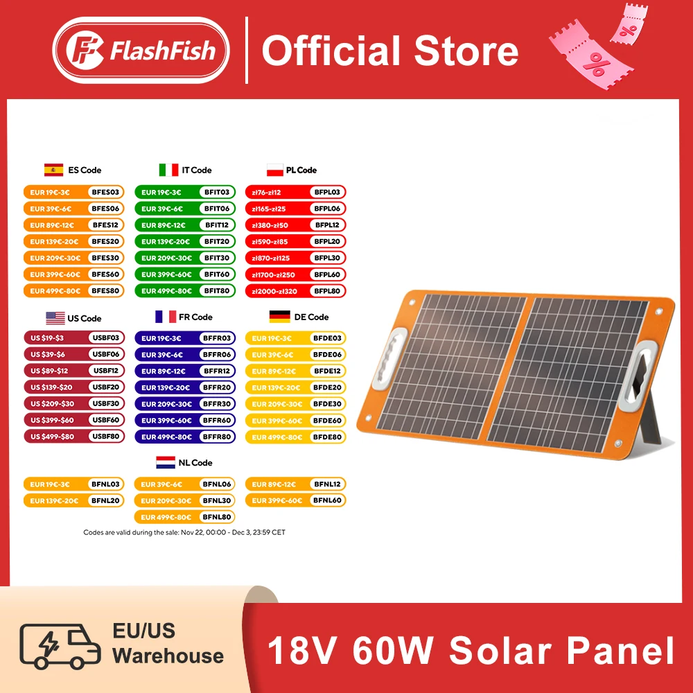 FF Flashfish 18V 60W Foldable Solar Panel Portable Solar Charger with DC Output USB-C QC3.0 for Phones Tablets Power Station