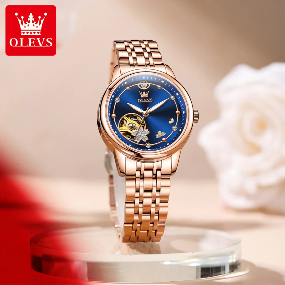 OLEVS 6732 New Womens Watch Original Luxury Skeleton Mechanical Watches Waterproof Luminous Watches For Women Set Bracelet Gift