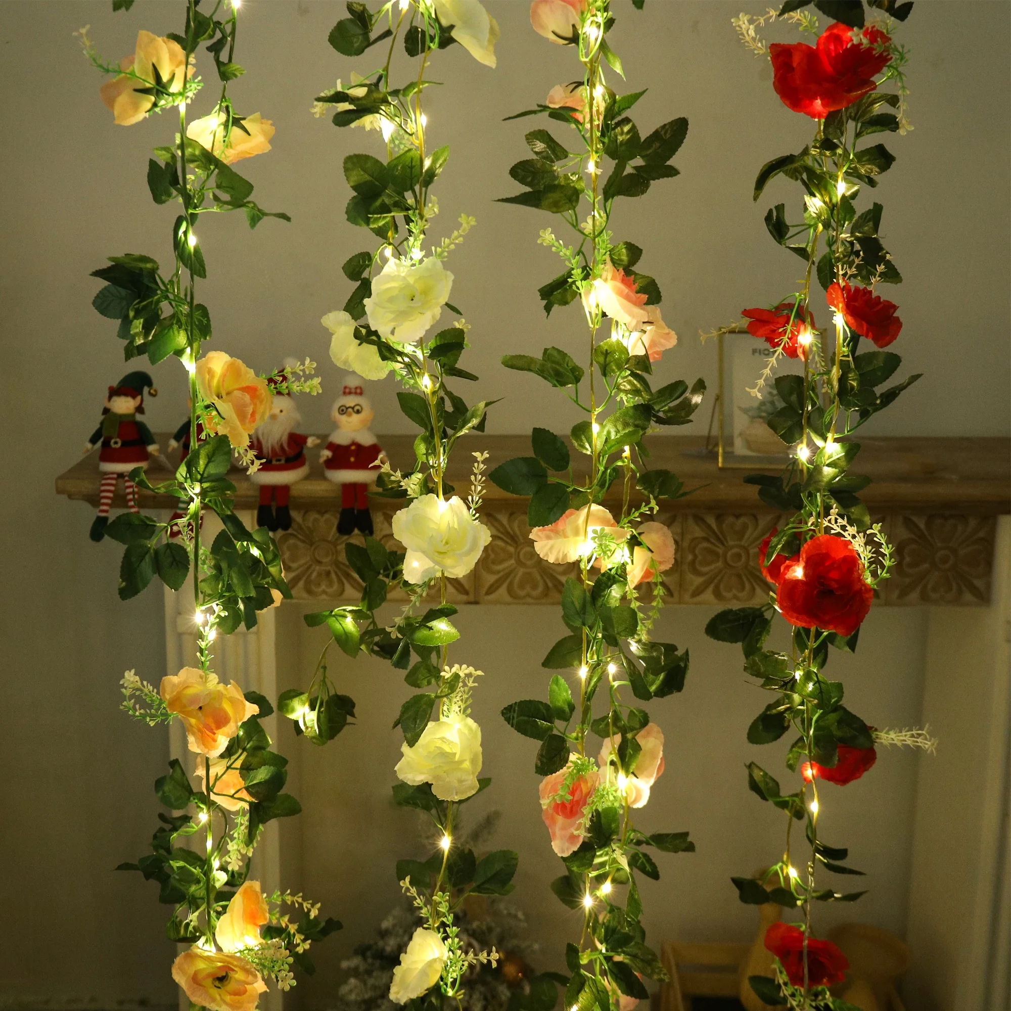 

Rose LED Vine Light String Artificial Flower Wedding Centerpiece Arch Wreath Home Decor Fake Christmas Wall Hanging Decorations