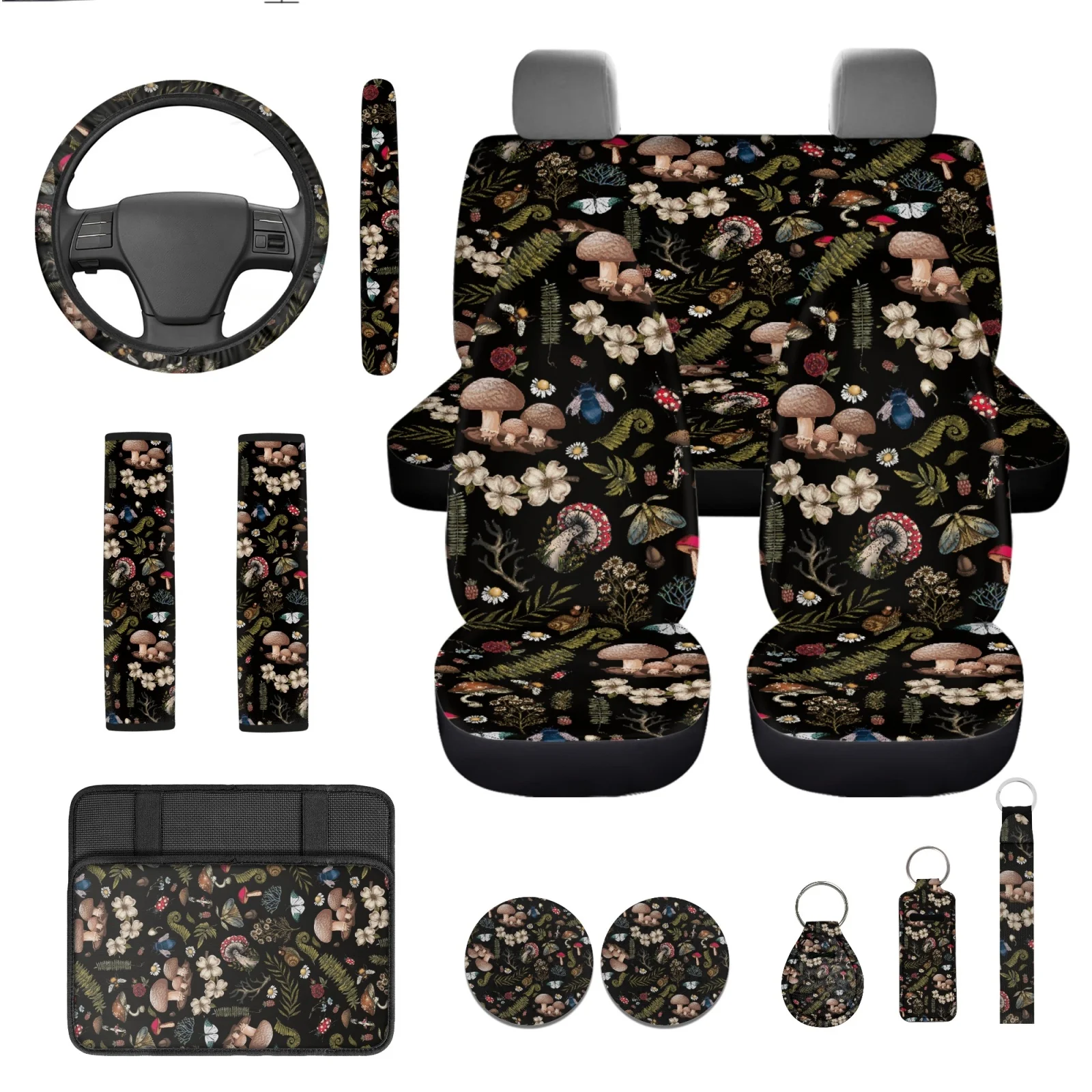 Coloranimal Mushroom 13 PCS Car Seat Cover Set with Car Armrest Protective Cover and Car Cup Holder Coaster for Auto Interior