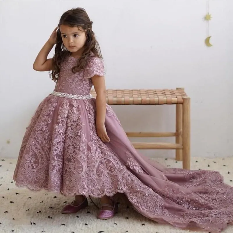 

Lace Satin Appliques Princess Birthday Party Gown with Short Sleeve Prom Dress Wedding Flower Girl Dress Size 1-12Y