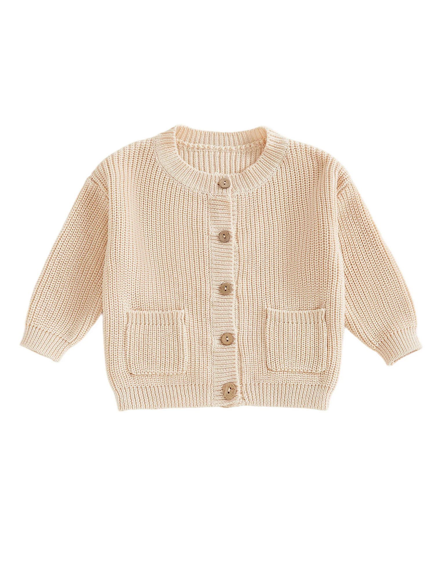 

Вязаный кардиган для малышей, свитер с карманами и застежкой на пуговицы, с длинными рукавами и круглым вырезом, однотонный, повседневный, осенний