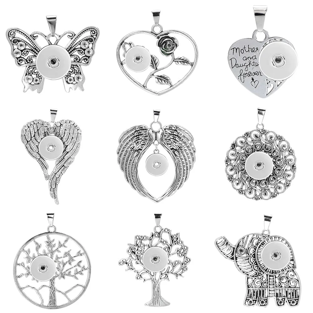 New Metal Snap Button Pendant Fit 18mm 20mm Snap Buttons Wing Feather Tree of Life Butterfly Jewelry for Women