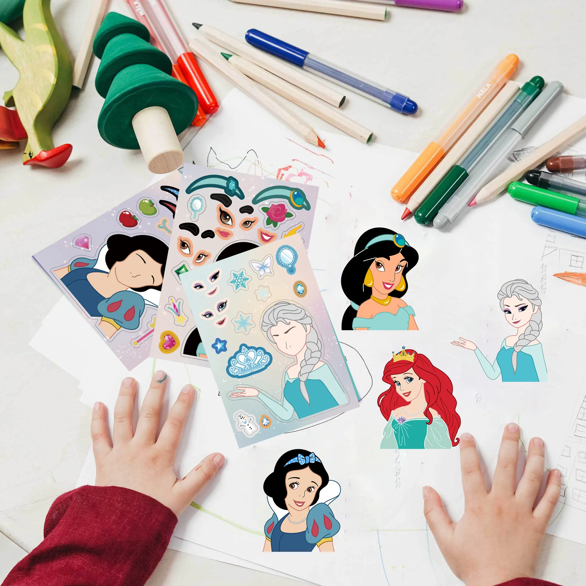 Pegatinas de princesa de Disney para niños, rompecabezas de make-a-face, ensamblaje divertido, pegatina de dibujos animados, juguetes educativos