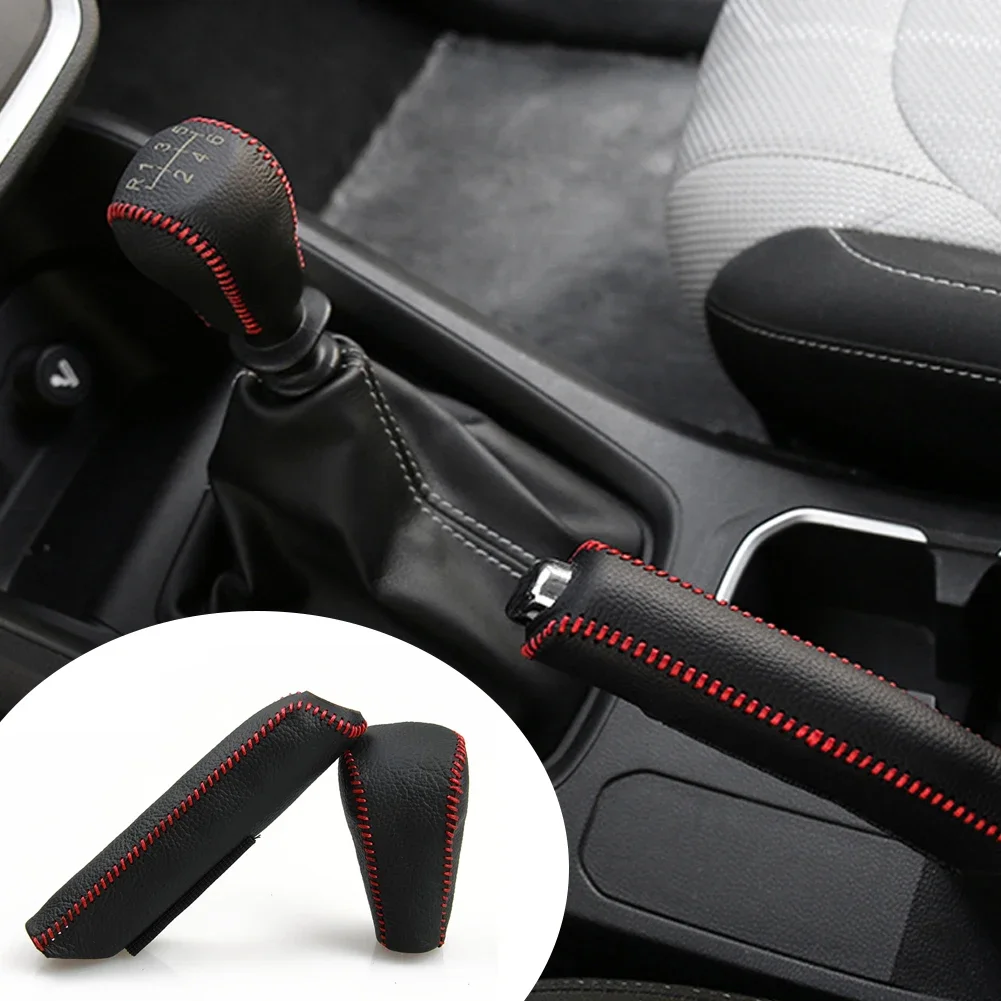 2PCS Accessories For Hyundai Creta ix25 2018 2019 Leather Gear Head Shift Knob Cover Collars Handbrake Cover Case PU