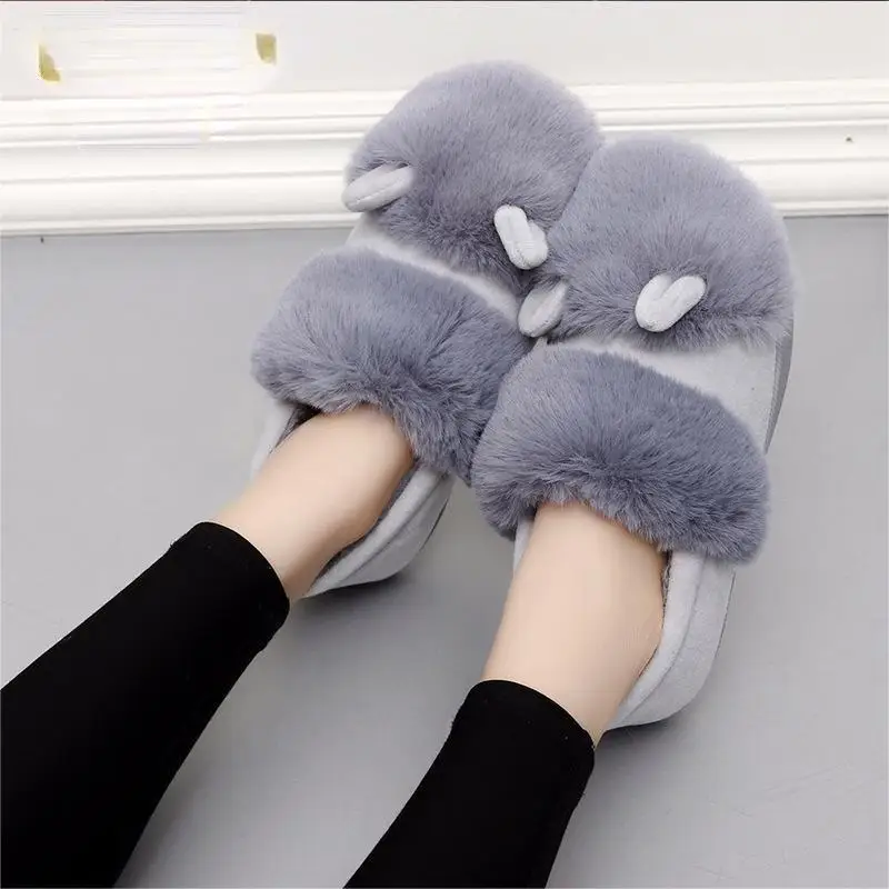 Pantoufles de dessin animé pour femmes, décor d'oreille, toboggans moelleux pour couples, chaussures d'intérieur chaudes en coton pour dames, hiver