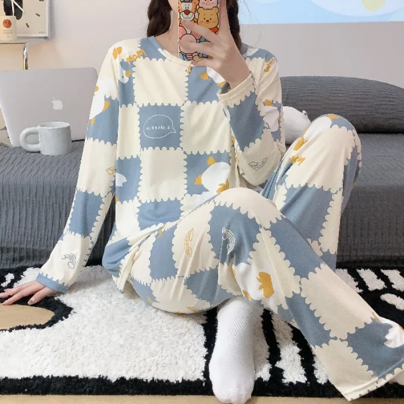 Herbst Damen Pyjama-Set Mädchen Rundhals Verdickt Gestreift Langarm Hose Student Übergröße Locker Sitzende Homewear Damen Casual Outdoor