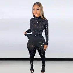 2023 Nova Moda Sexy Mulheres Roupas De Duas Peças Oco Out Manga Longa Top Colheita Bodycon Calças Set