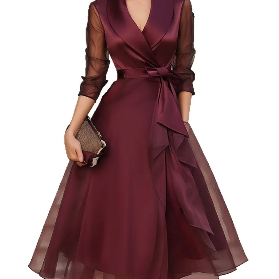Nouvelle robe midi en maille à volants, col tailleur en satin, taille cintrée, pour femme, robes décontractées, sexy, de luxe, bandage, coupe trapèze, pour invité de mariage