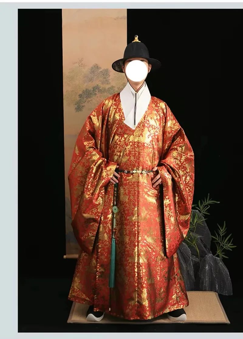 Men Ming Dynasty Hanfu Round Collar Robe, Traditional Chinese Ancient Costume Brocade Gown for Cosplay Wedding Photo Shoot Stage