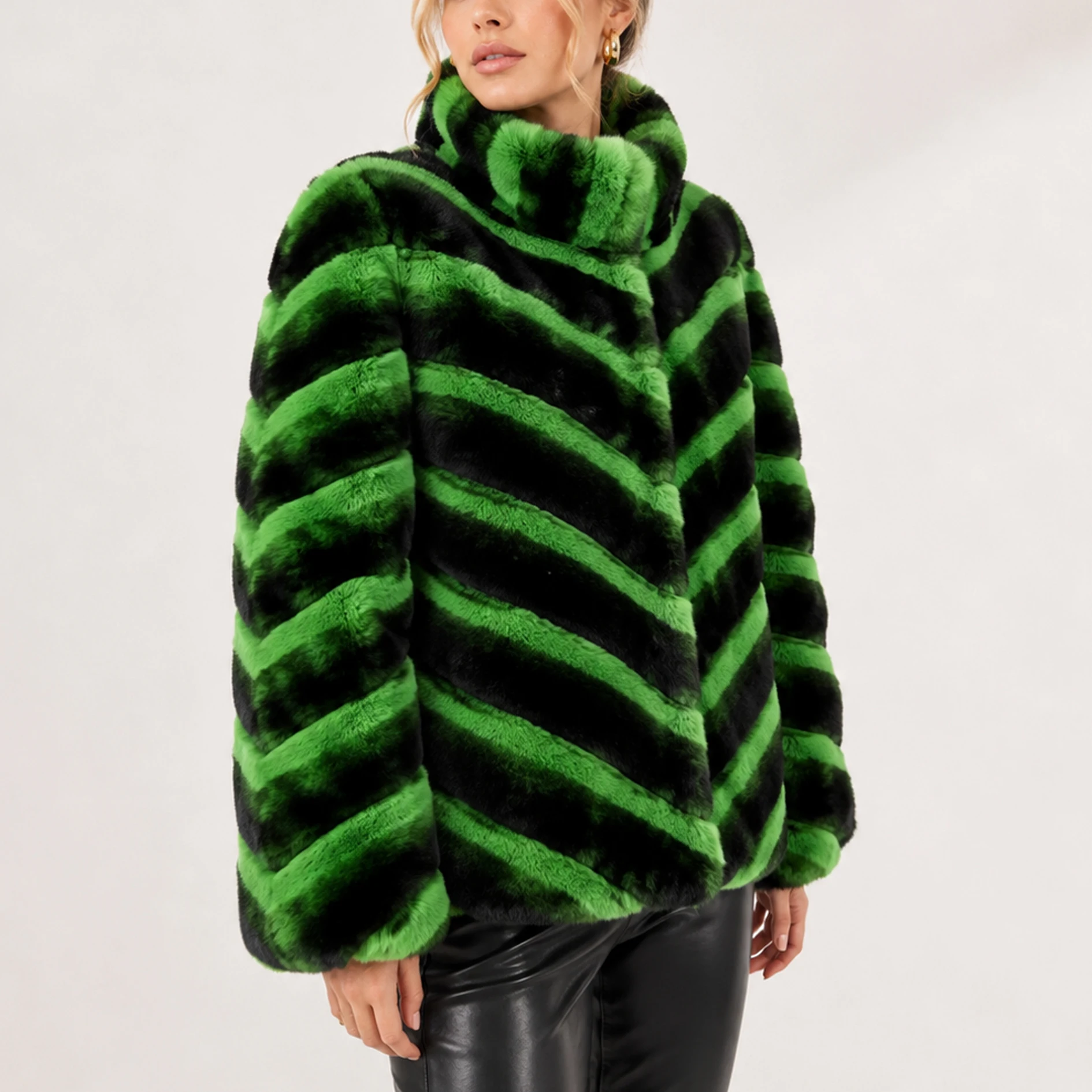 

Women's 100% Real Rabbit Fur Coat, Green & Black Chevron Striped Fur Jacket Stand Collar Winter Warm Luxury Fur Outerwear22A0601