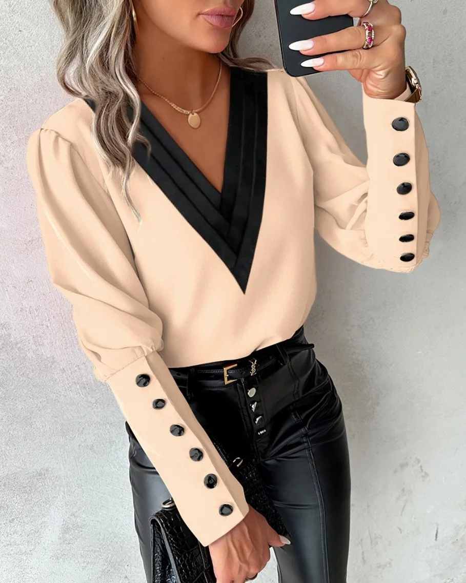 Elegant Women's Shirt Autumn 2024 New Fashion V-neck Pullover Solid Color Contrasting Loose Long Sleeved Button Women's Shirt