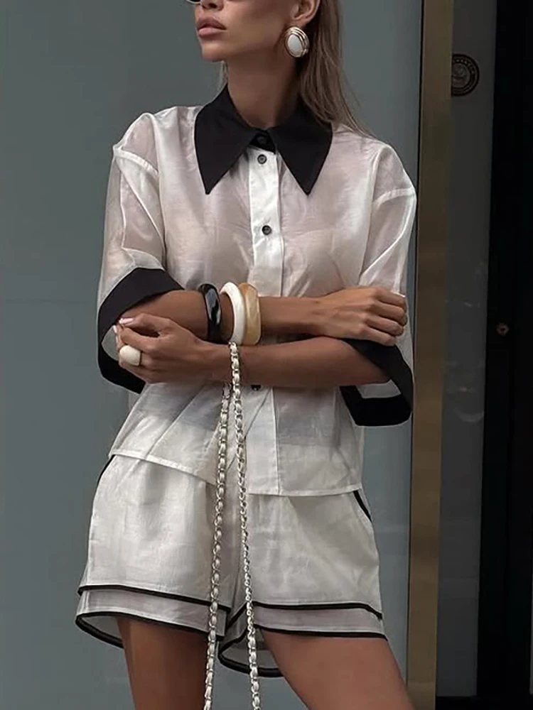 

JULISSA MO Patchwork Turn-down Collar Women Pant Set White Short Sleeve Single Breasted Pnat Suits Summer Casual Two Piece Sets