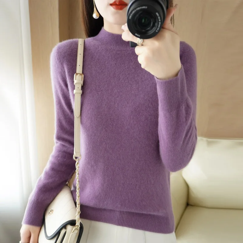 Sweater Women\'s Half-high Neck Knitted Sweater Women\'s Autumn And Winter Short Pullover Solid Color Loose Thickened Base Shirt