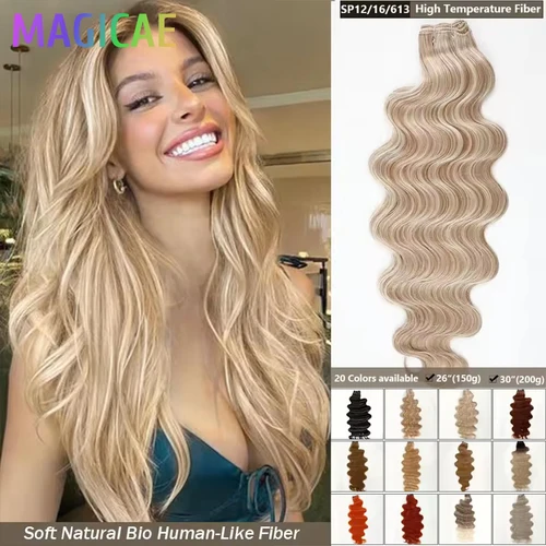 Magicae 30 pulgadas 200 gramos P27/613 Rubio blanco Ombre marrón cuerpo ondulado mechones extensiones de cabello de cola de caballo pelo de fibra resistente al calor
