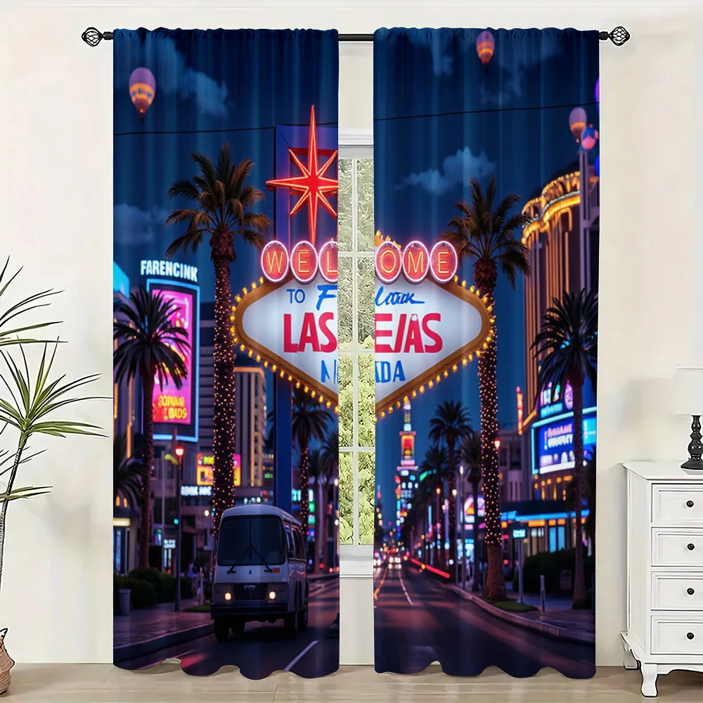 

2pc, Party Curtains Las Vegas at night Versatile 100% Polyester,Without Electricity Family Party Applies to Room, Parties Decor