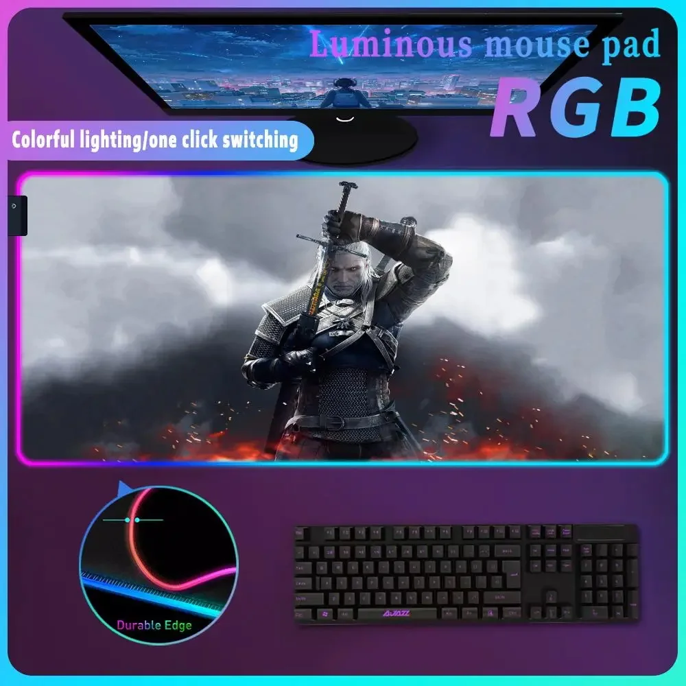 Imagem -02 - Rgb Led Computer Mouse Pad com Fio Desk Protector Backlight Luminoso Cool T_the W_witcher Gamer Deskpad Anime pc