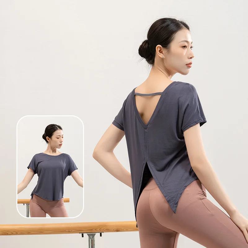 

V-Shape Back Yoga Top Split Back Design Fast Dry Breathable Loose Fit Short Sleeve Pilates Dance Fitness Cover-up
