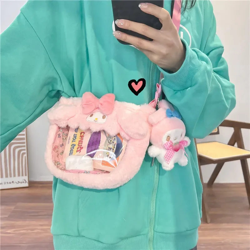 Kawaii Sanrio Plush Bags Cinnamoroll Melody Kuromi Crossbody Bag Cartoon Transparent Plushie Handbag Hello Kitty Stuffed Backpac