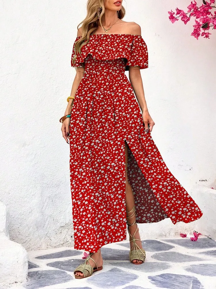 Nuevo mujer con estampado floral de plantas y cintura con gancho, con mangas y corte con abertura, un vestido casual con un solo escote