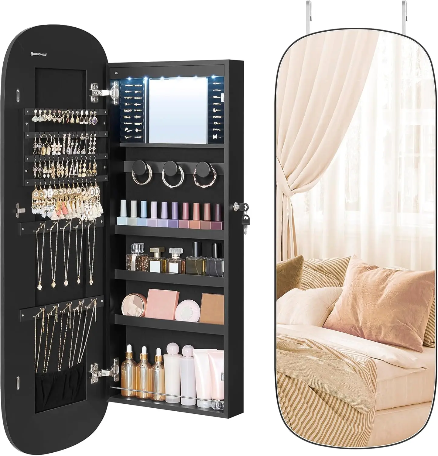 Jewelry Organizer, LED Jewelry Cabinet Wall or Door Mounted, Lockable Rounded Wide Mirror with Storage, Interior Mirror