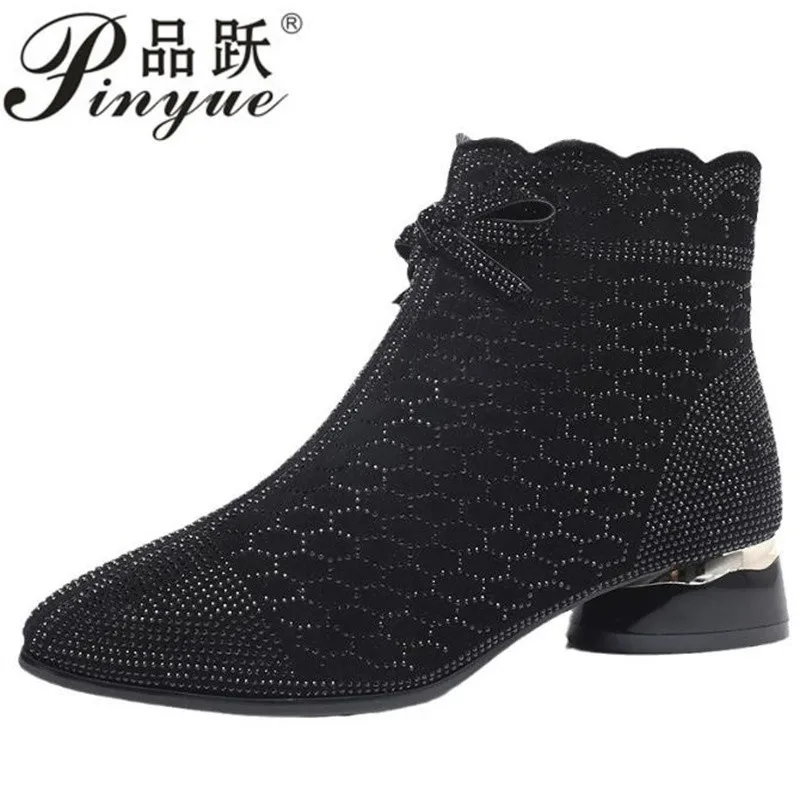 

Women Leather Mesh Boots Rhinestone Summer Shoes Pointed Toe Ankle Botas Thick Heel Hollow Out Side zipper Short boots
