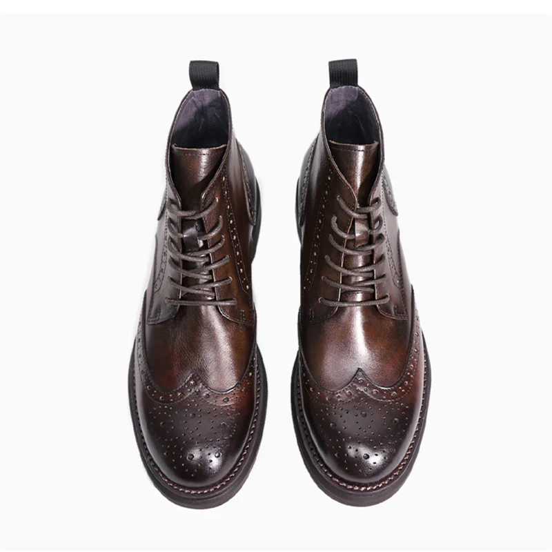 

Cow Skin Leather Shoes Dressing Shoes Brogue Stylish Man's Lace Boots Classic British Vintage High Top